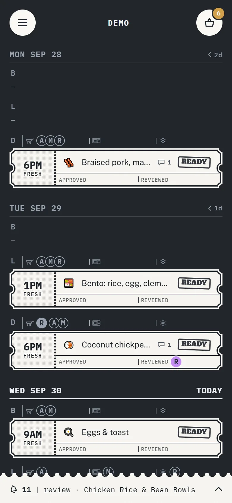Calendar feed of meals as paper guest checks with times, diner initials and READY stamps