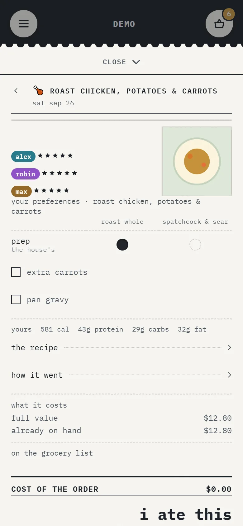 An open meal ticket for roast chicken with ratings, prep options, add-ons, nutrition and order cost
