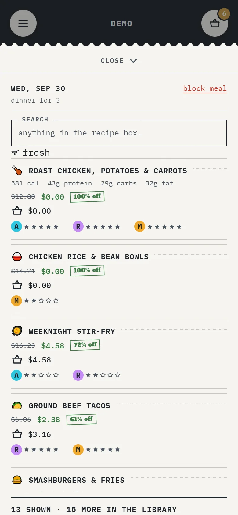 Menu drawer for an empty dinner slot showing full price, discounted cost from stock, and grocery spend