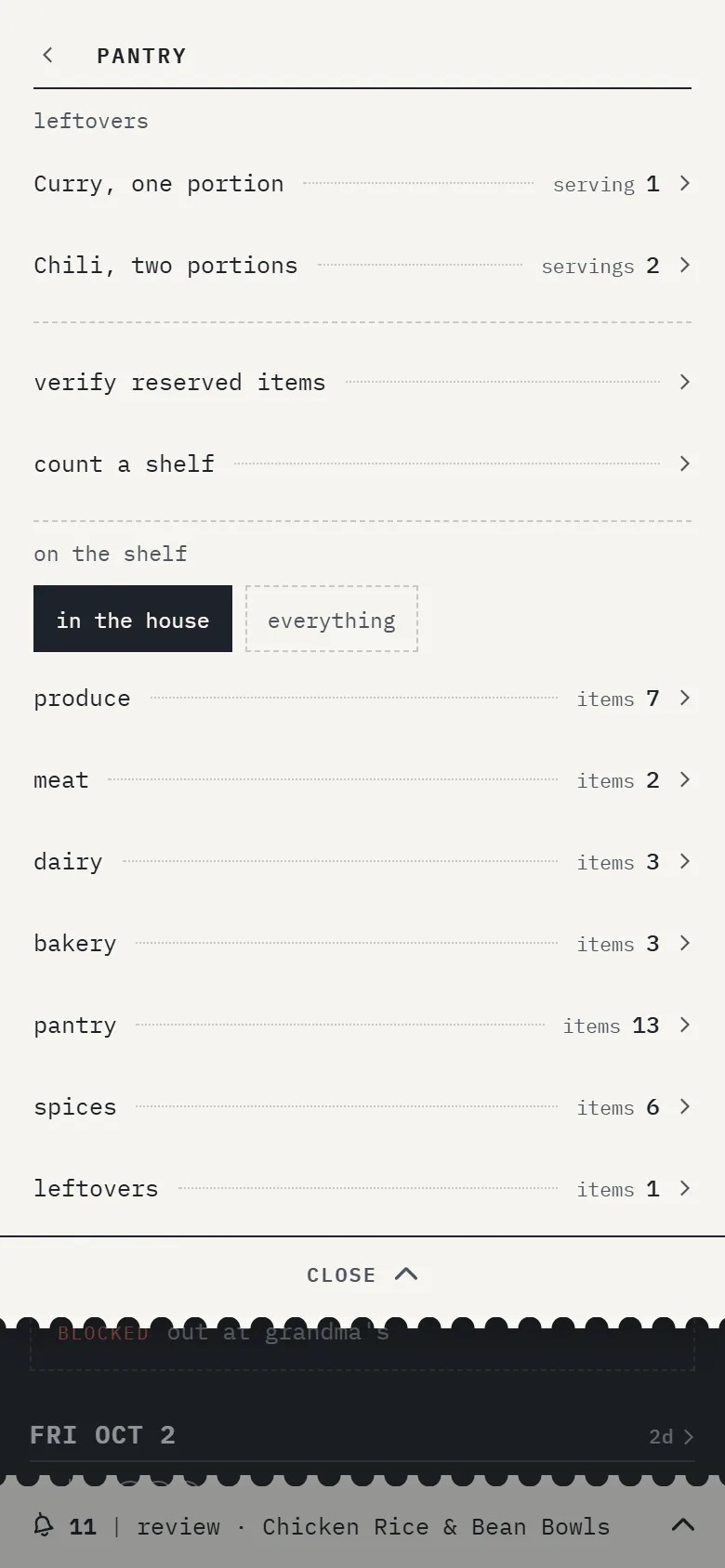 Pantry drawer with leftovers, reserved items to verify, a shelf count, and category counts