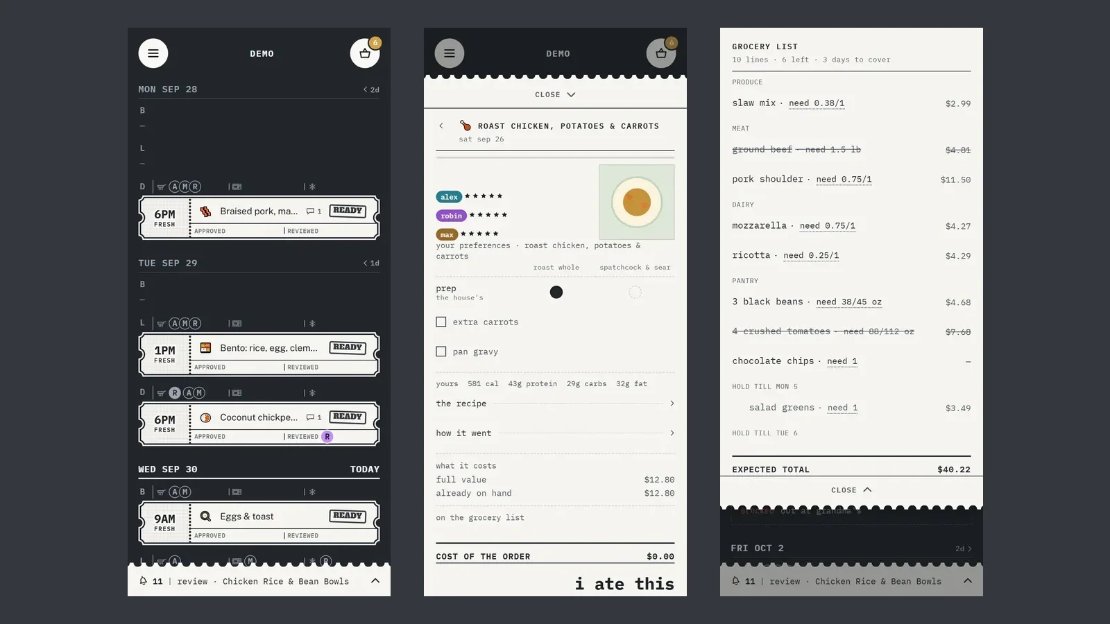 Three House Menu phone screens on a dark counter: the calendar feed of guest checks, an open meal ticket, and the grocery list