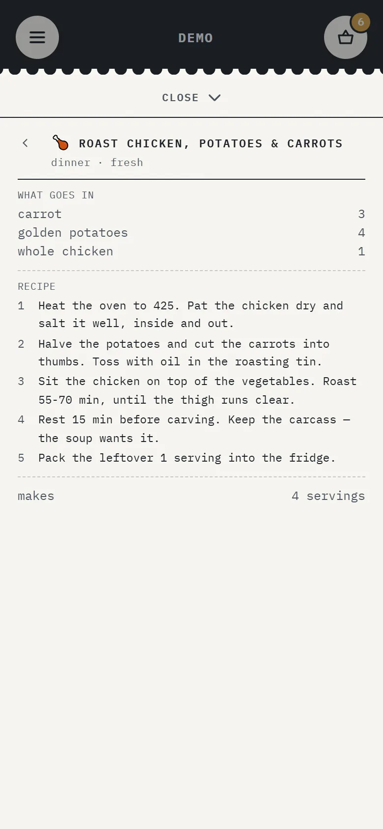 Recipe card with ingredients, numbered method and yield