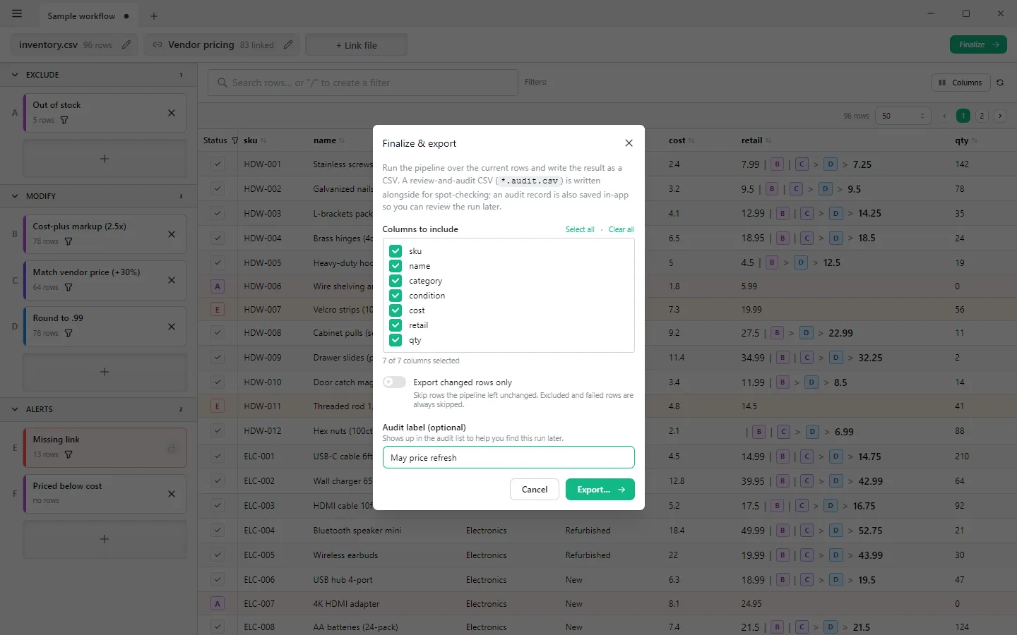 Finalize and export dialog with a column checklist, a changed-rows-only toggle and an audit label field