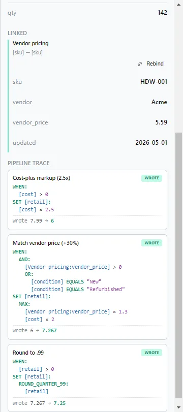 Inspector pipeline trace with three rule cards showing a price moving from 7.99 to 6 to 7.267 to 7.25