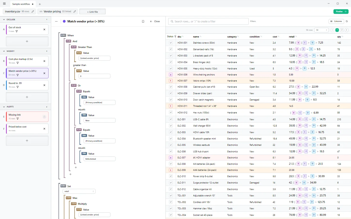 Rule editor showing a WHEN condition built from nested And and Or blocks comparing linked and primary columns