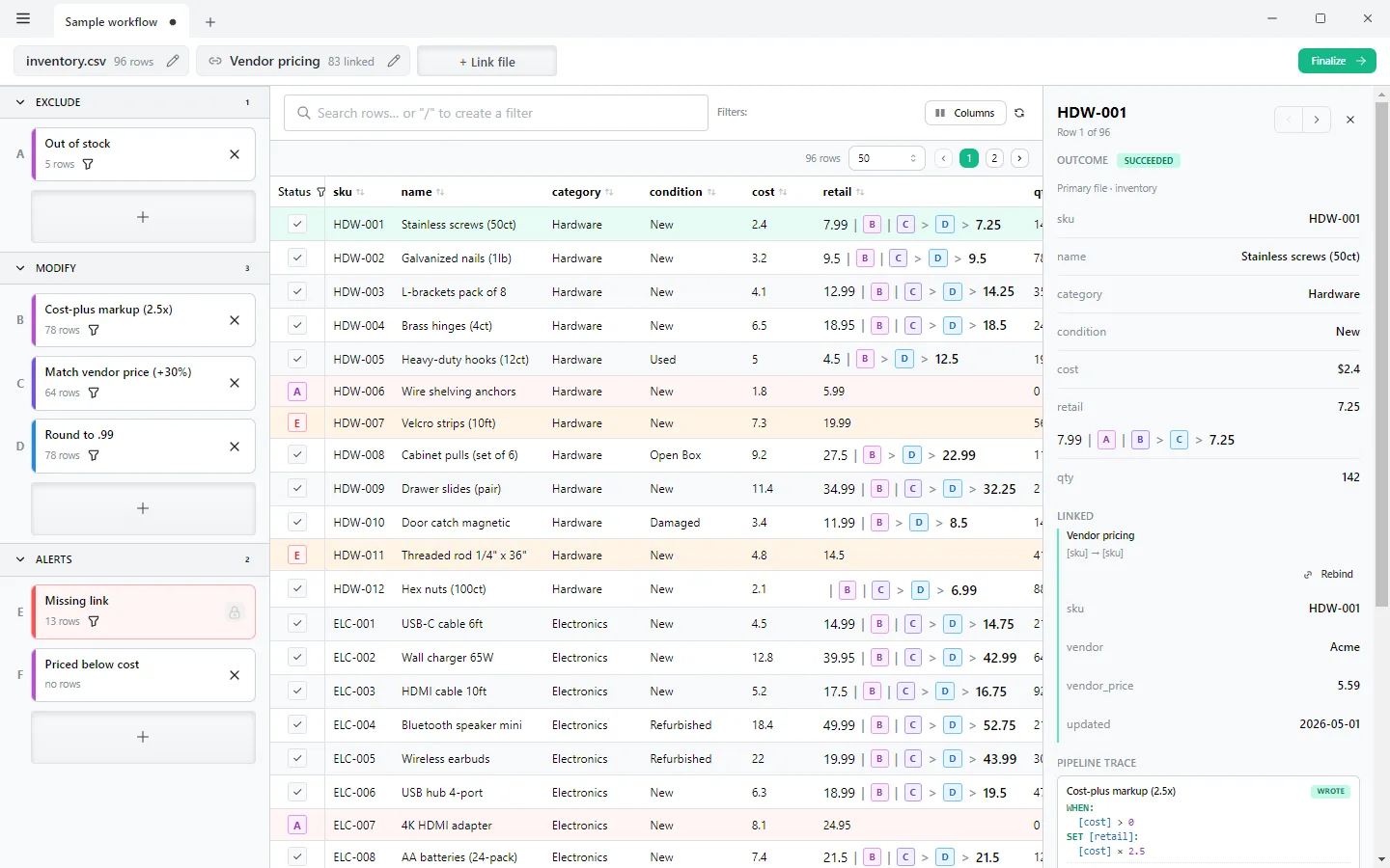 Tabula workspace: rules sidebar, data table with before-and-after value chips, and the Inspector panel