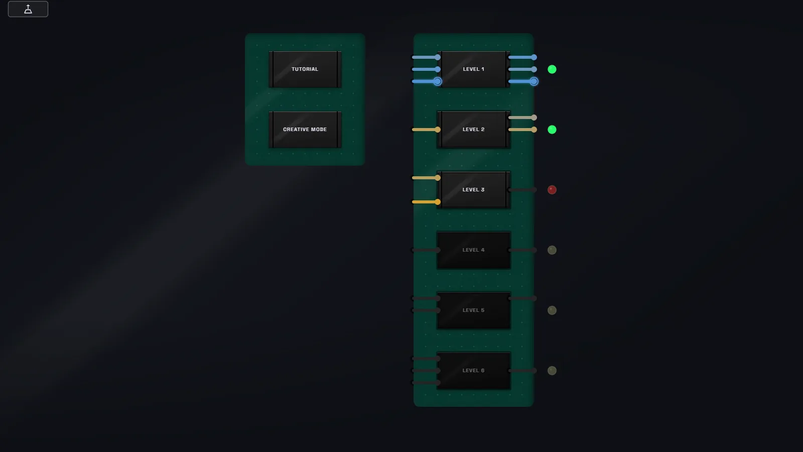 Motherboard level-select screen: level chips wired in a column, with green lights on solved levels and the next level unlocked