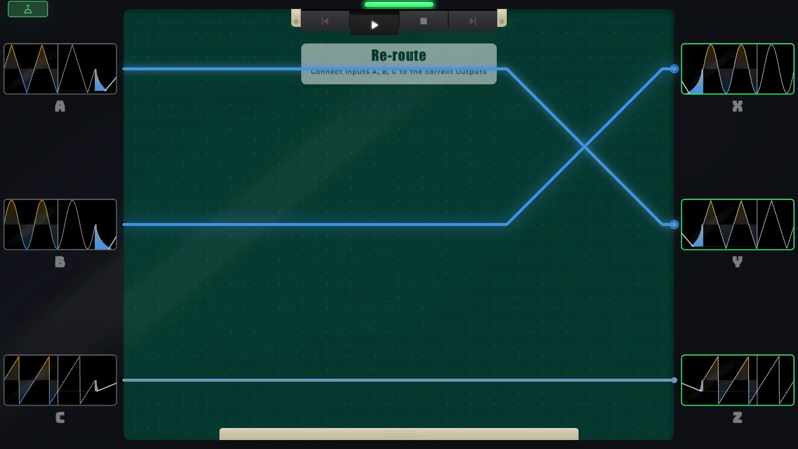 Solved puzzle: glowing blue wires route inputs A, B and C to outputs X, Y and Z, with all three output meters outlined in green