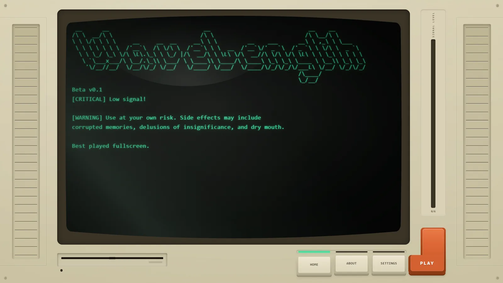 WaveLength ASCII-art logo on a green retro CRT monitor with Home, About, Settings and Play buttons